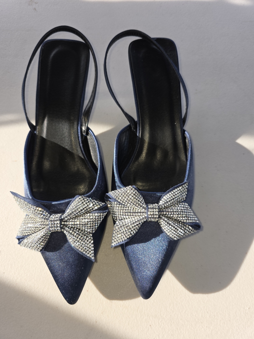 Blue Satin Pointed Slingback Heels with Crystal Bow